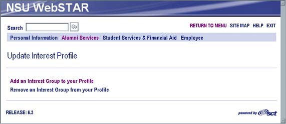 WebSTAR for Alumni Update Interest Profile Main Menu